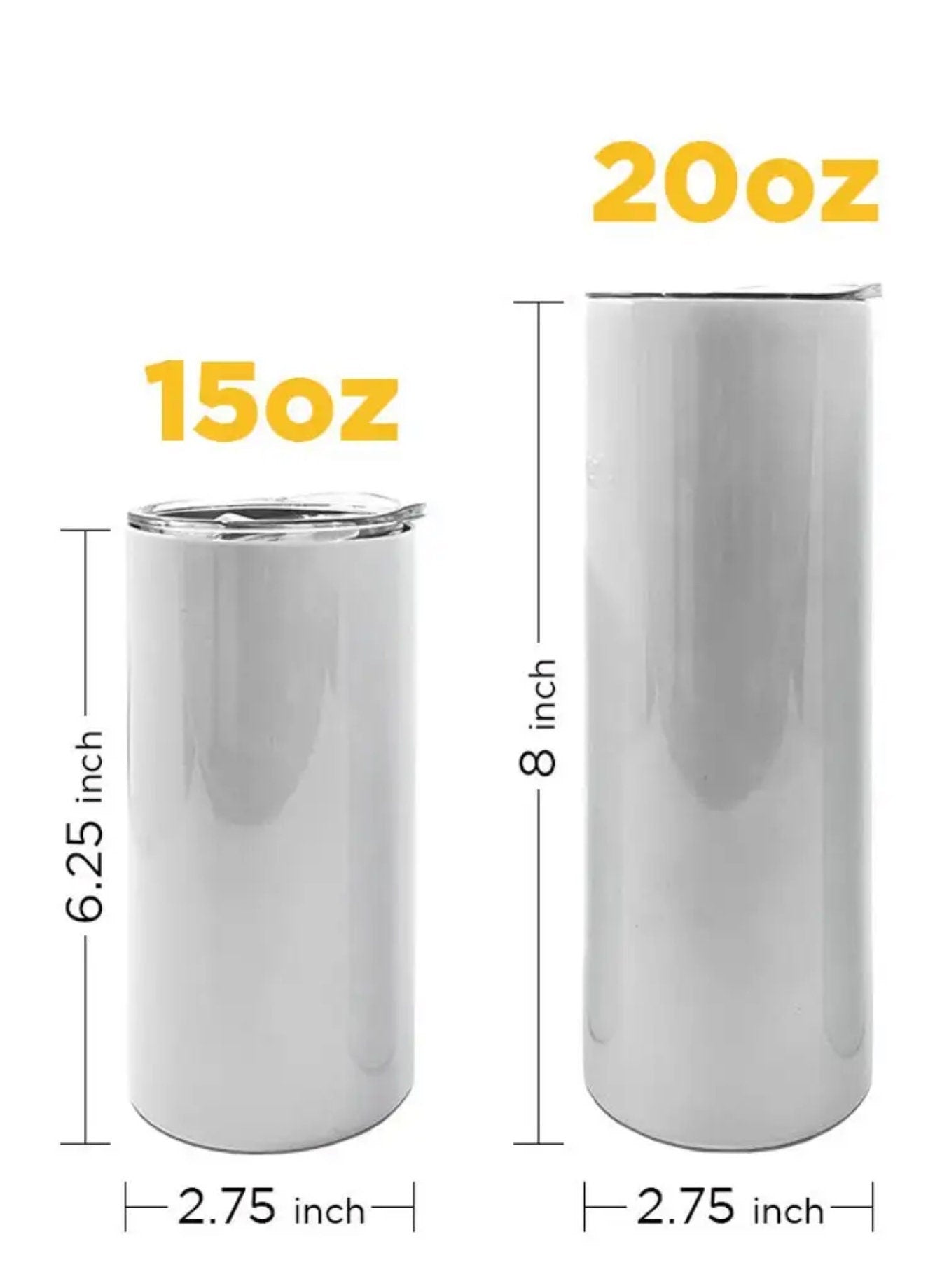 15oz, 20oz & 30oz Skinny Straight Stainless Steel Tumbler | Sublimation & Color Options | Double-Walled | Leak-Proof Lid | Plastic Straw